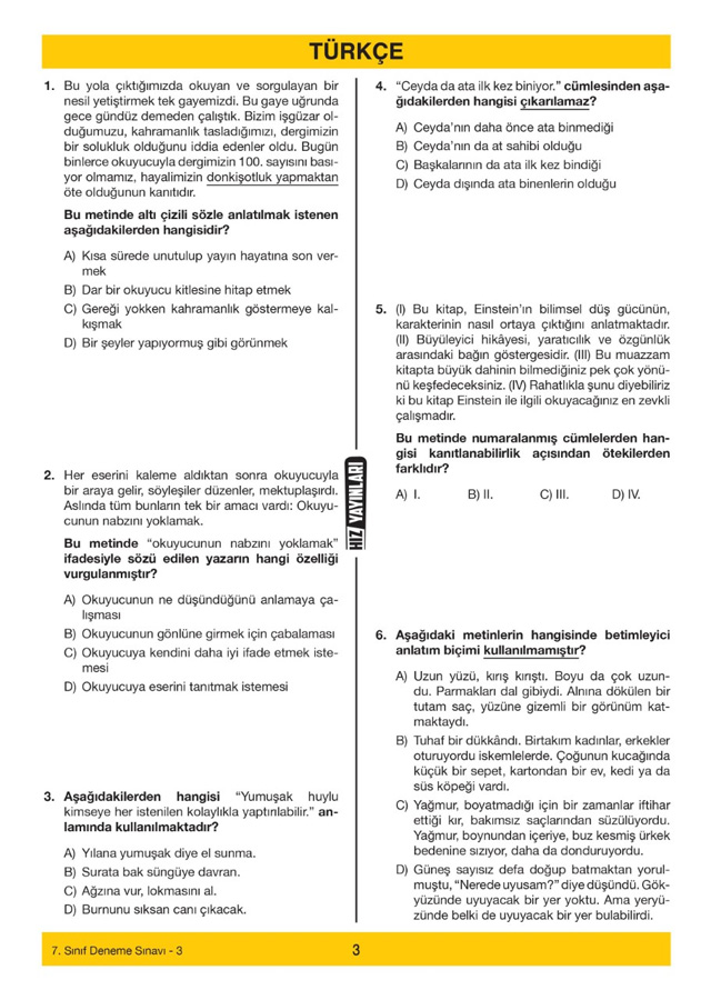 7 Sinif 20 Li Turkce Deneme Hiz Yayinlari 9786052227657